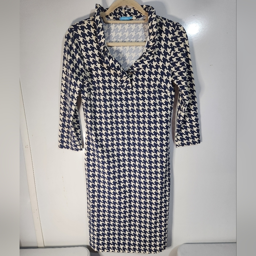 J. Mclaughlin Blue and Cream Houndstooth Dress, Size Small
